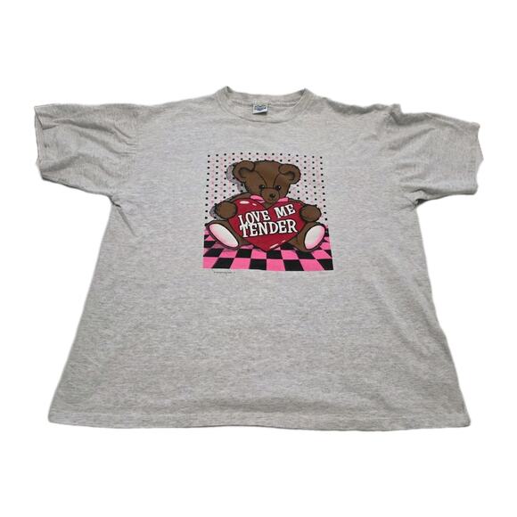 Vintage Teddy Bear Tee Shirt Love Me Tender Heart Elvis 90s Single Stitch XL USA - Picture 2 of 12